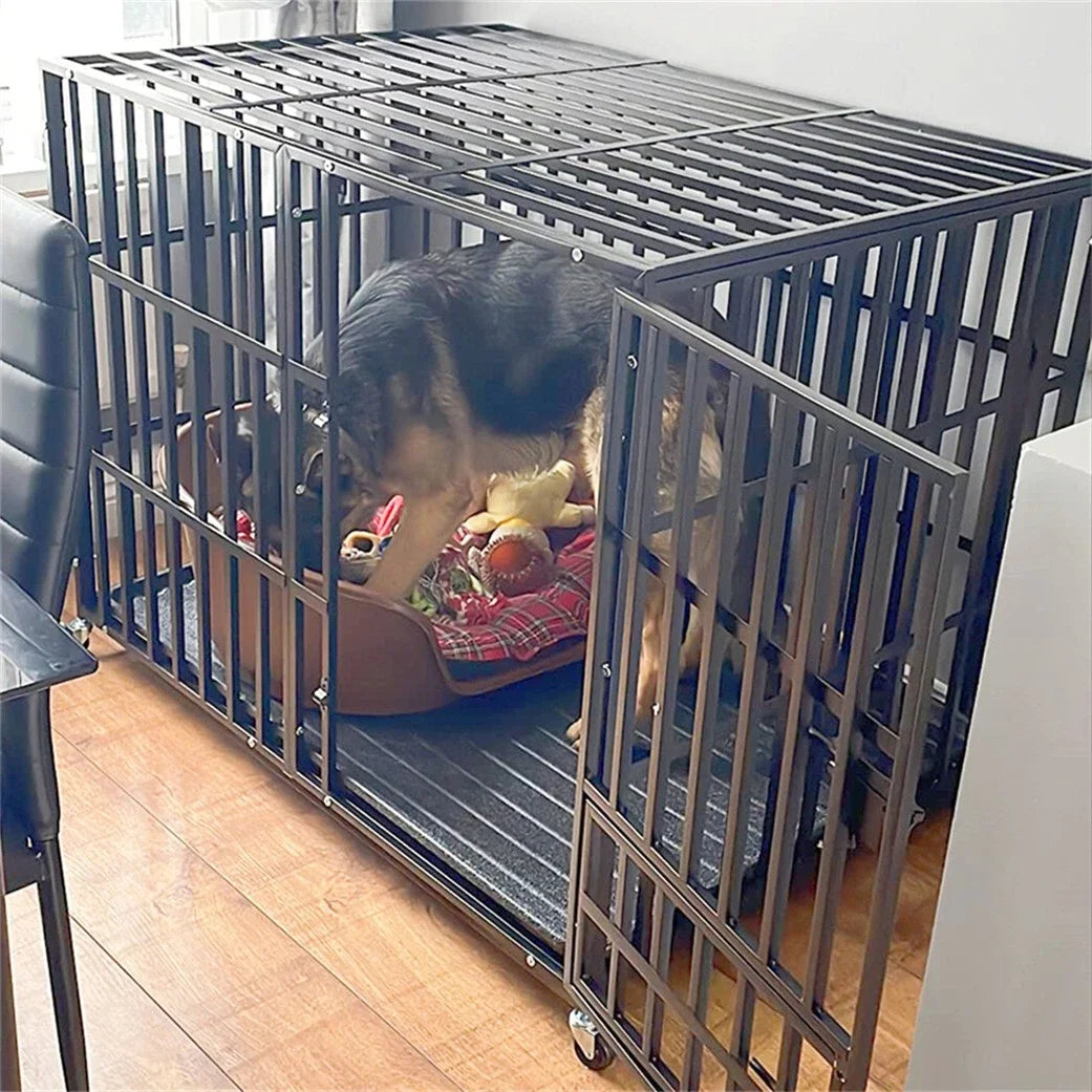 BINGOPAW Heavy Duty Metal Dog Crate 3 Doors Lockable Wheels