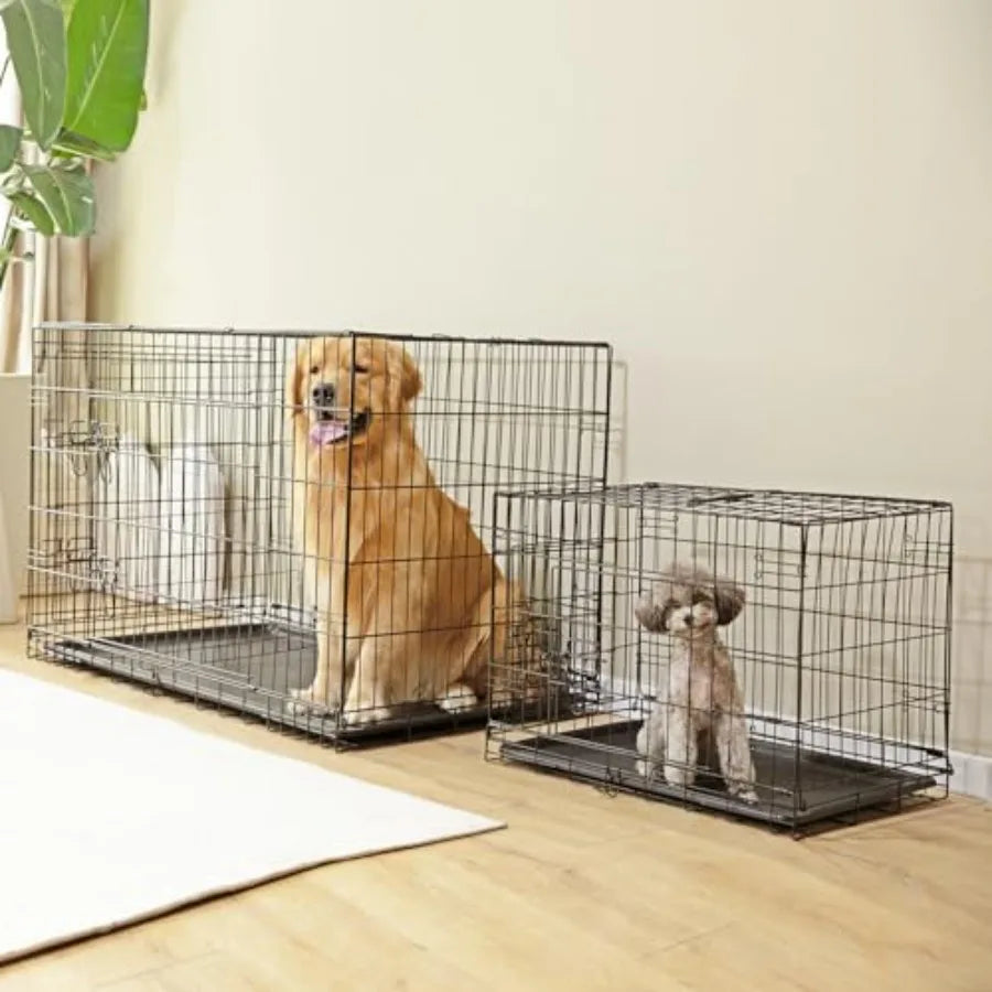 Double Door Folding Metal Dog Crate With Leak-Proof Pan