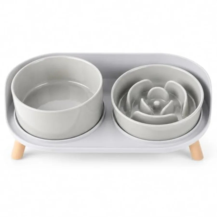 Elevated Slow Feeder Dog Bowls Ceramic Set With Stand
