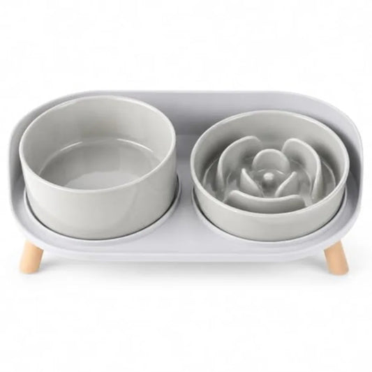 Elevated Slow Feeder Dog Bowls Ceramic Set With Stand