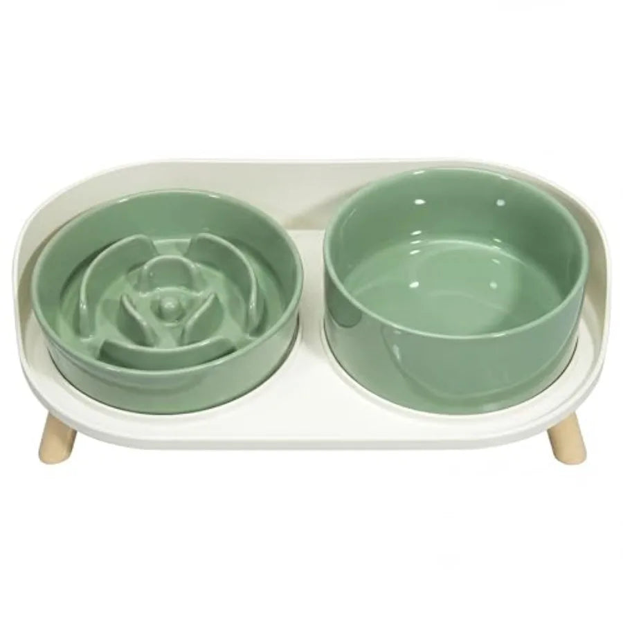 Elevated Slow Feeder Dog Bowls Ceramic Set With Stand