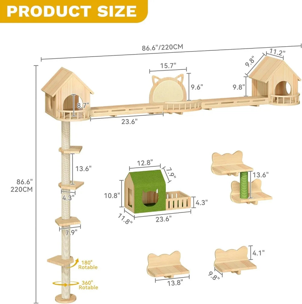 Solid Wood Cat Wall Shelves and Climbing Tower With Posts