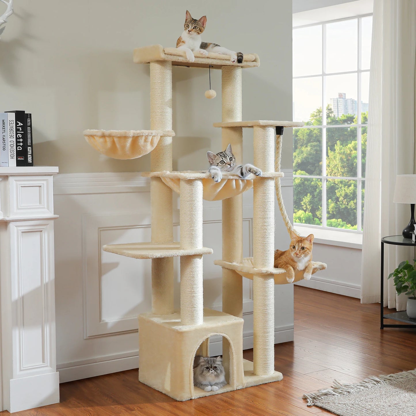 PAWZ Road Cat Tree Tower With 7 Thick Sisal Posts And Hammocks For Indoor Cats