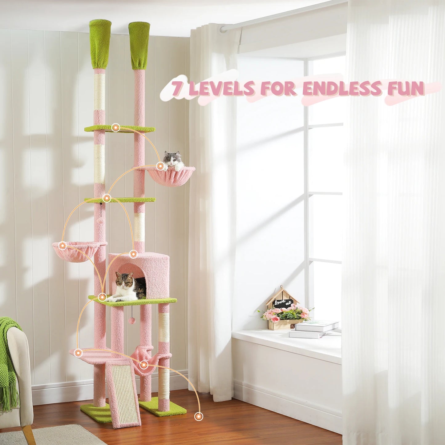 PAWZ Road Cactus Floor To Ceiling Cat Tree With Cozy Hammocks Condos