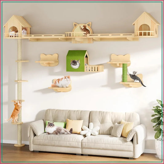 Solid Wood Cat Wall Shelves and Climbing Tower With Posts