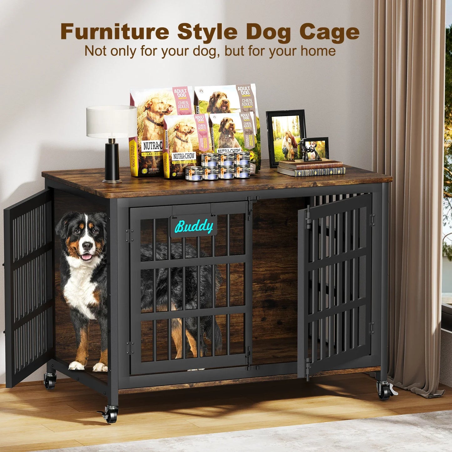 Furniture Style Dog Crate With Casters For Indoor Use