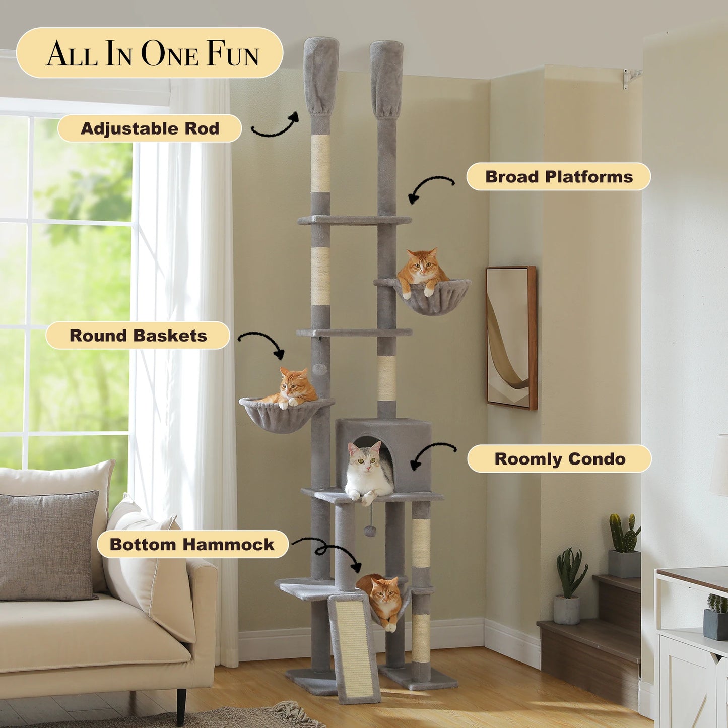 PAWZ Road Cactus Floor To Ceiling Cat Tree With Cozy Hammocks Condos