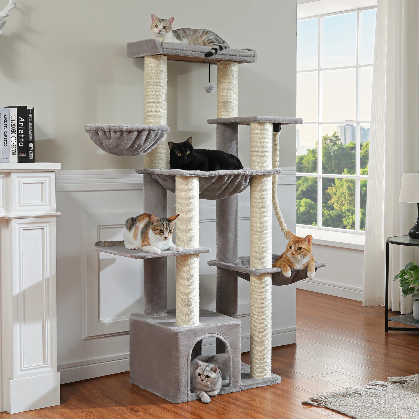 PAWZ Road Cat Tree Tower With 7 Thick Sisal Posts And Hammocks For Indoor Cats