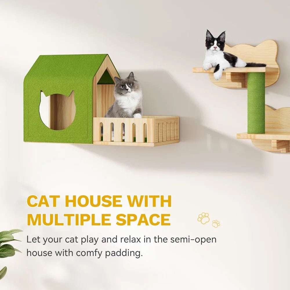 Solid Wood Cat Wall Shelves and Climbing Tower With Posts