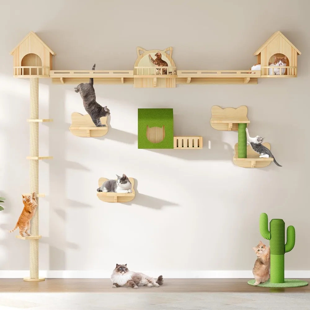Solid Wood Cat Wall Shelves and Climbing Tower With Posts