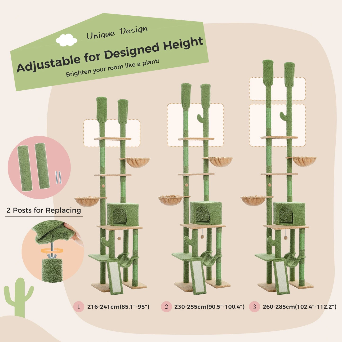 PAWZ Road Cactus Floor To Ceiling Cat Tree With Cozy Hammocks Condos