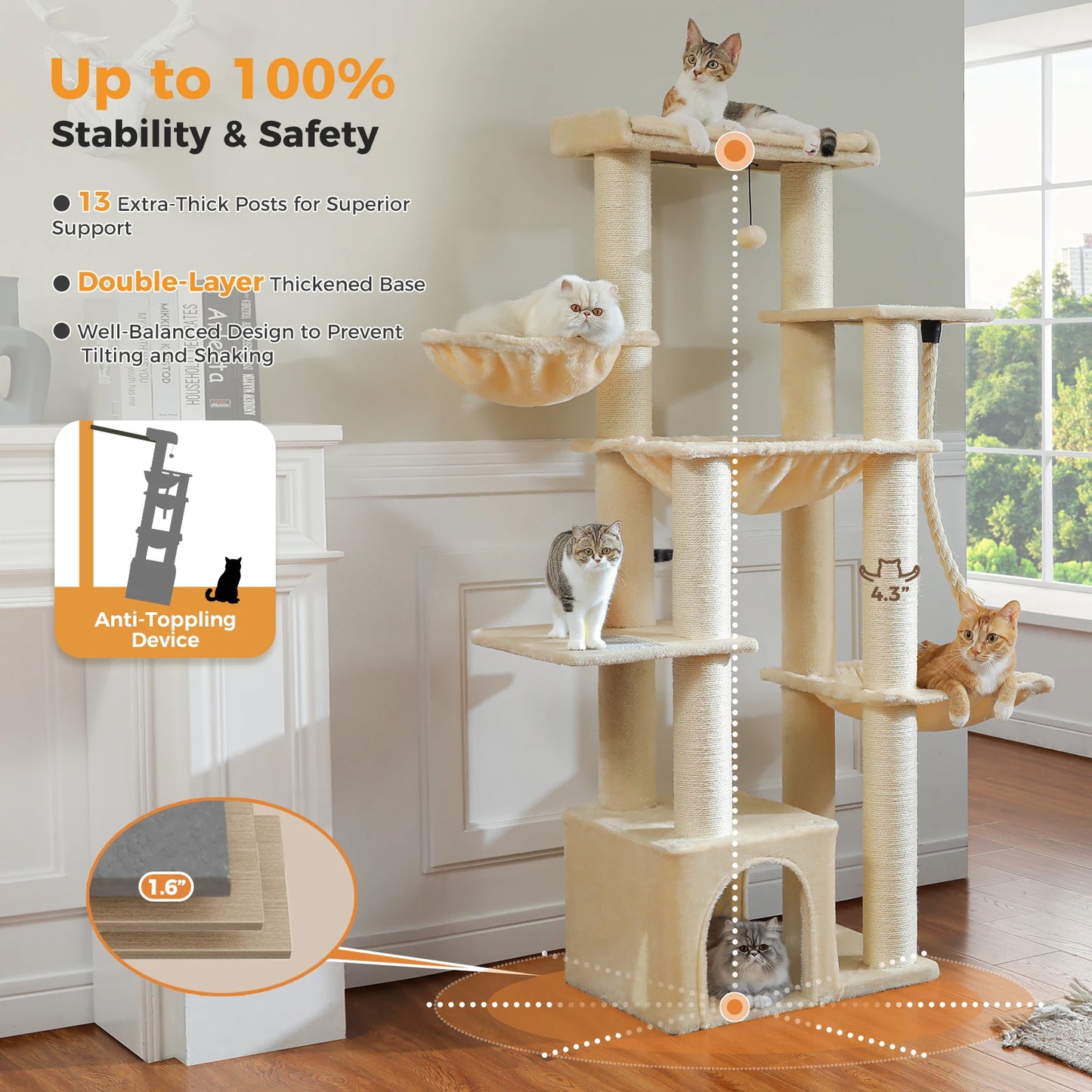 PAWZ Road Cat Tree Tower With 7 Thick Sisal Posts And Hammocks For Indoor Cats