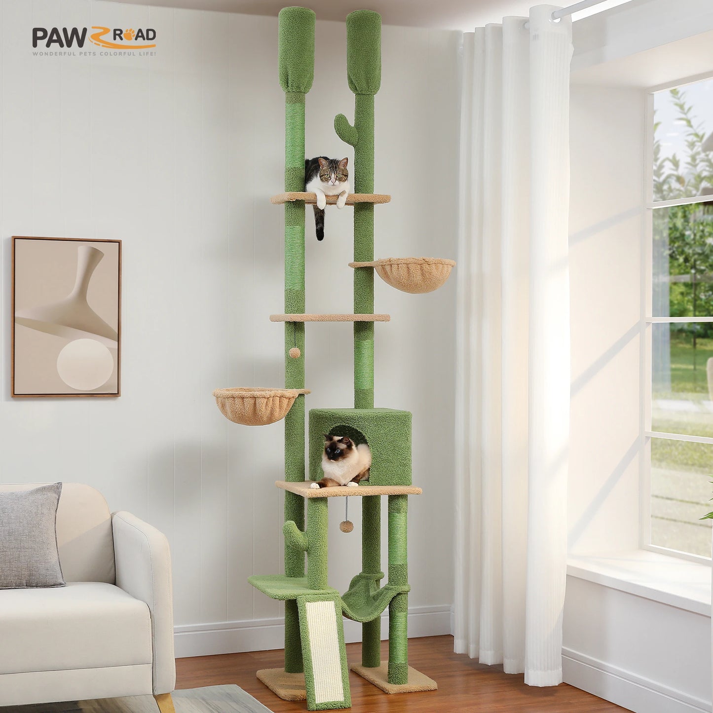 PAWZ Road Cactus Floor To Ceiling Cat Tree With Cozy Hammocks Condos