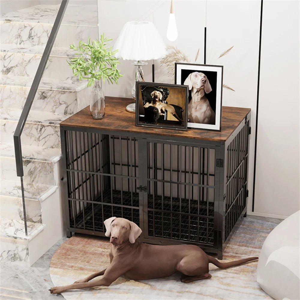 BORWART Wooden Elevated Dog Crate End Table With Three Doors