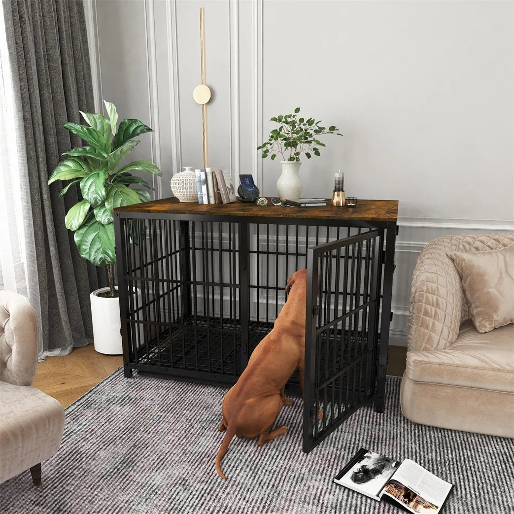 BORWART Wooden Elevated Dog Crate End Table With Three Doors