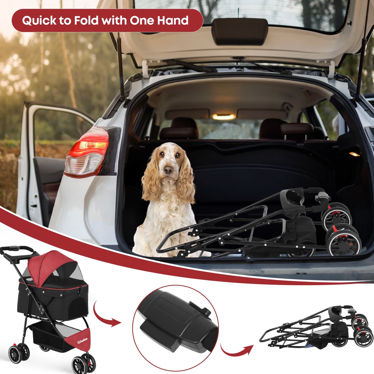 Chihuahua Three-Wheeled Pet Stroller For Small Medium Cats And Dogs
