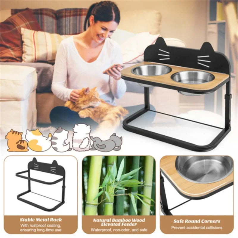Premium Stainless Steel Dual Bowls Elevated Feeder With Adjustable Height