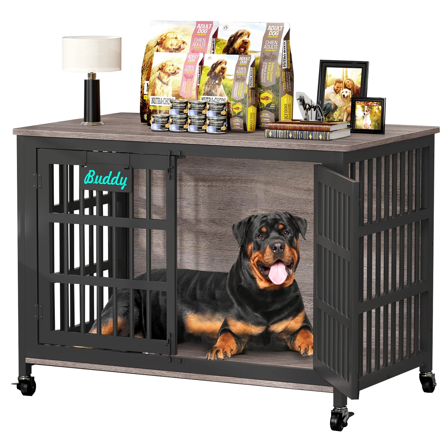 Furniture Style Dog Crate With Casters For Indoor Use