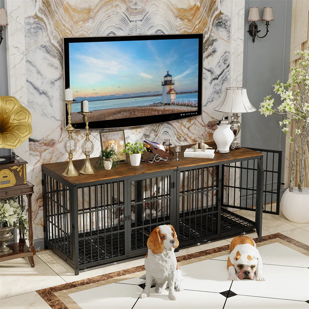 BORWART Wooden Elevated Dog Crate End Table With Three Doors