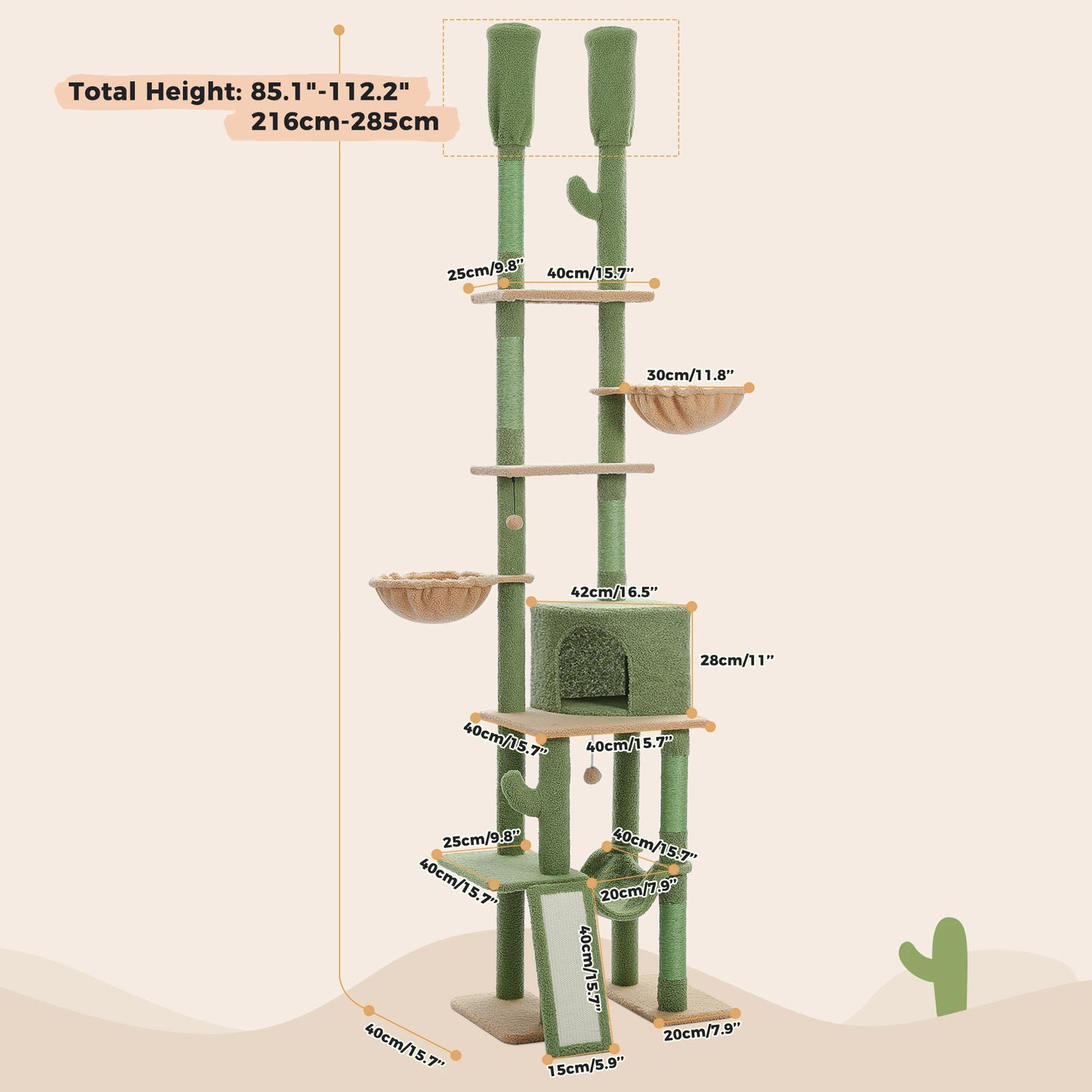 PAWZ Road Cactus Floor To Ceiling Cat Tree With Cozy Hammocks Condos