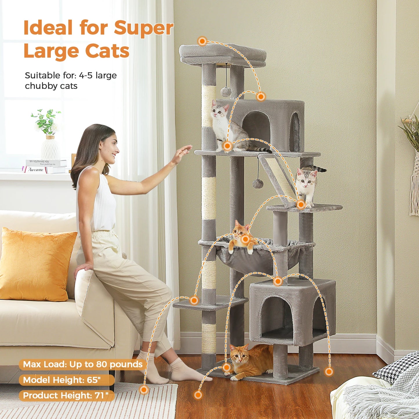 PAWZ Road Tall Cat Tree For Large Cats With Levels
