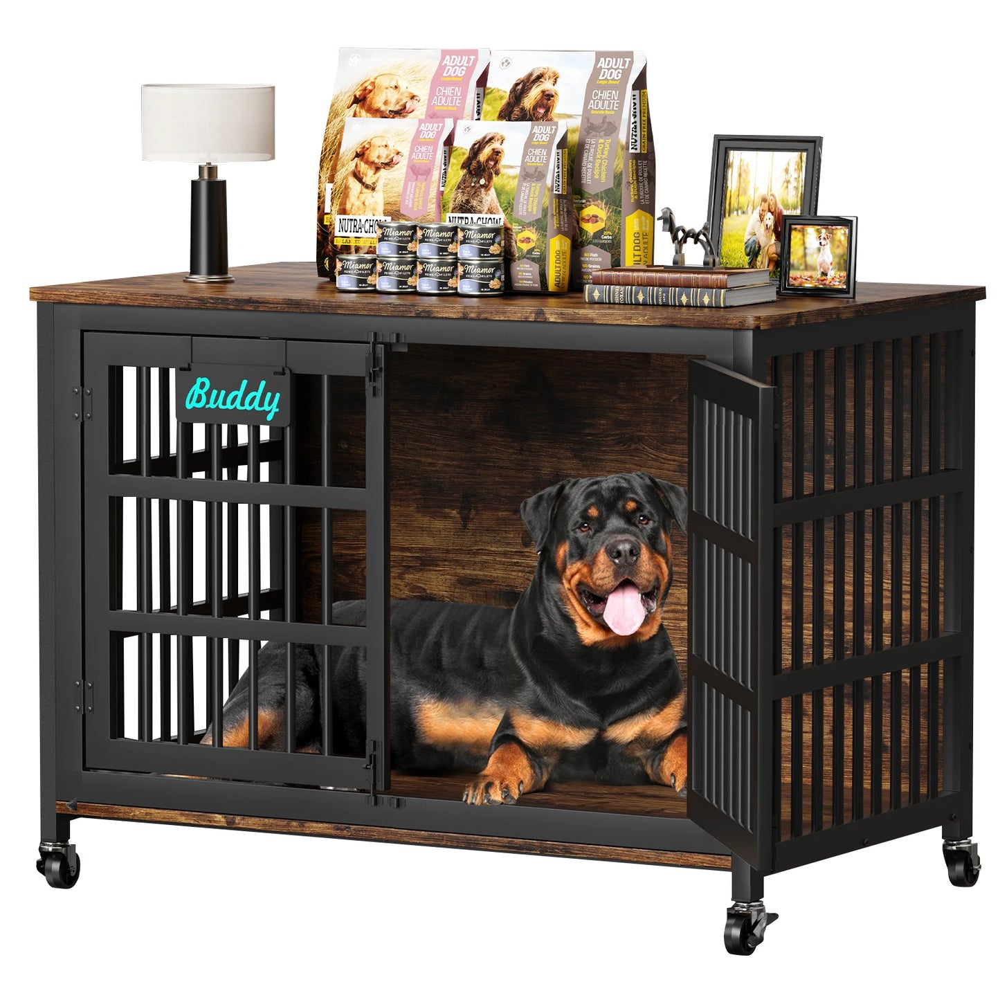 Furniture Style Dog Crate With Casters For Indoor Use