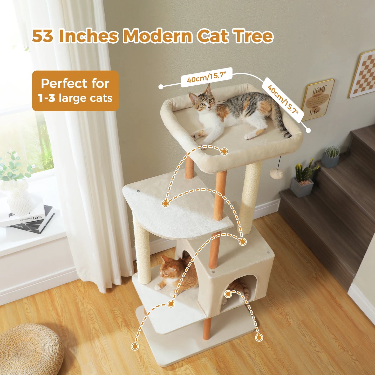 PAWZ Road Modern Wooden Cat Tree With Sisal Posts And Condo
