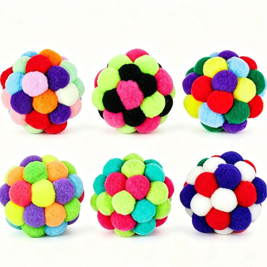 Multicolor Pom Pom Cat Toys With Rattle Pack Of Six