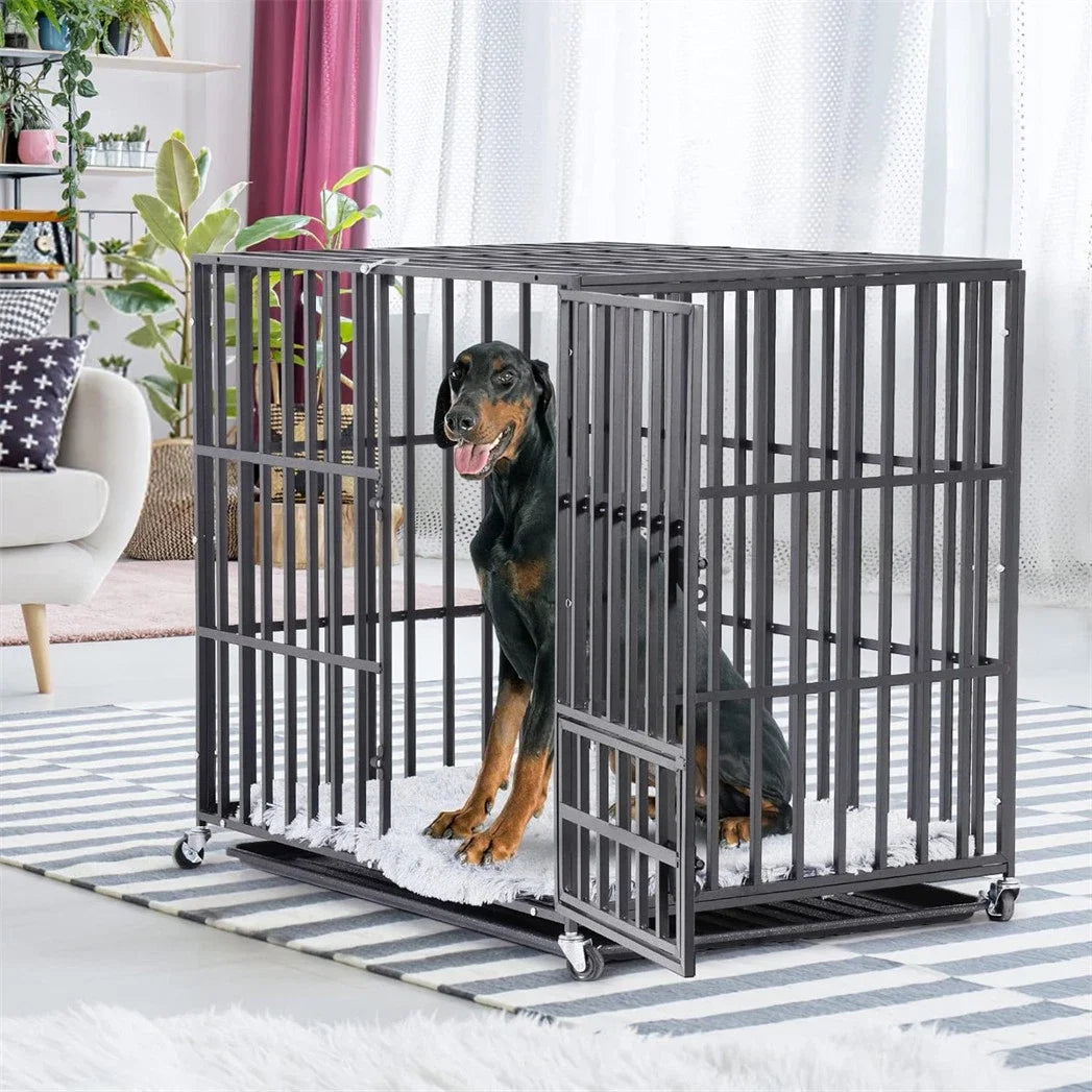 BINGOPAW Heavy Duty Metal Dog Crate 3 Doors Lockable Wheels