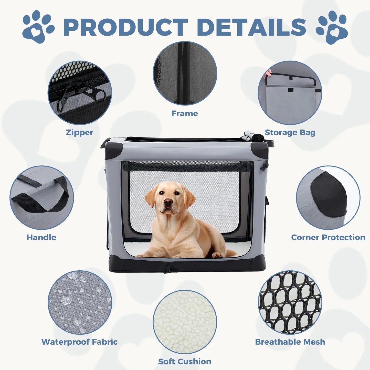 JHK Foldable Soft Dog Crate With 3 Doors Portable Kennel