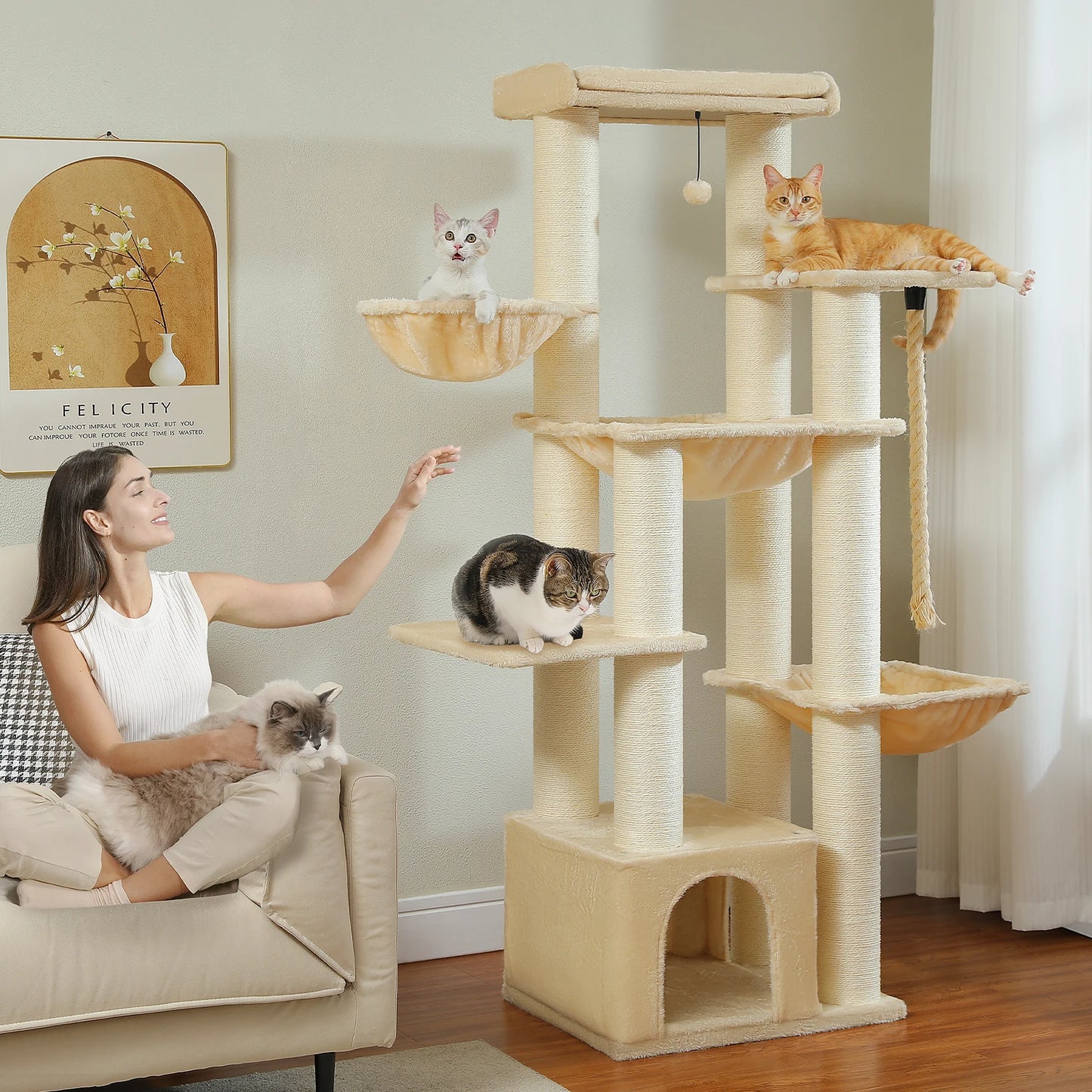 PEQULTI Cat Tree Tower With Scratching Posts And Cozy Condo