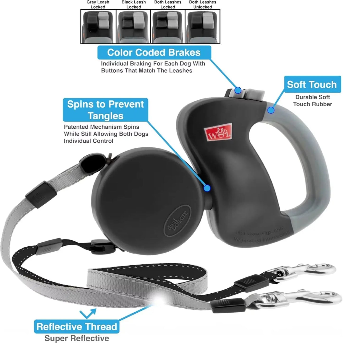 Self-Retracting Dual-Head Pet Leash For Two Dogs 360-Degree