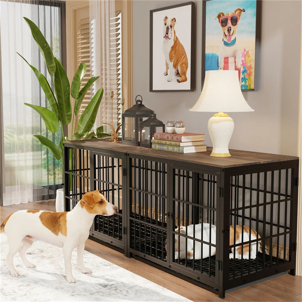 BORWART Wooden Elevated Dog Crate End Table With Three Doors