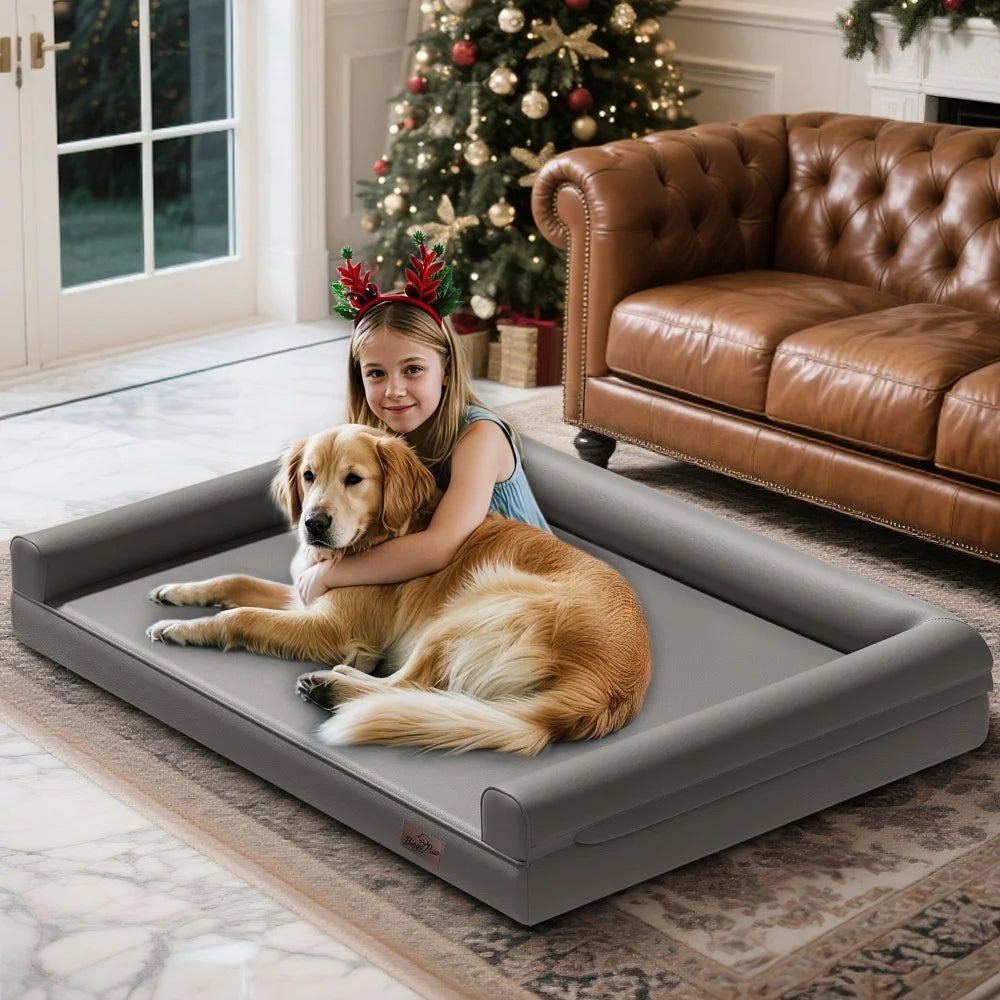 BORWART CN Orthopedic Dog Bed Bolster Microfiber Leather Removable Cover