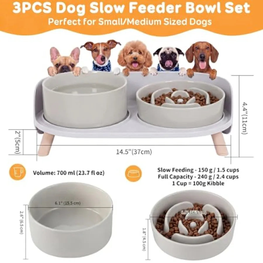 Elevated Slow Feeder Dog Bowls Ceramic Set With Stand