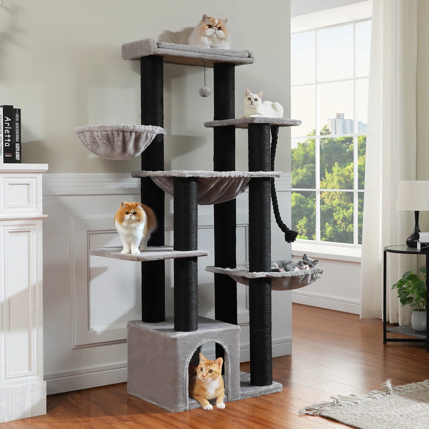 PAWZ Road Cat Tree Tower With 7 Thick Sisal Posts And Hammocks For Indoor Cats