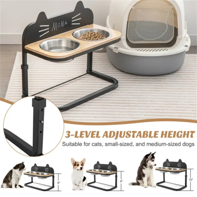 Premium Stainless Steel Dual Bowls Elevated Feeder With Adjustable Height