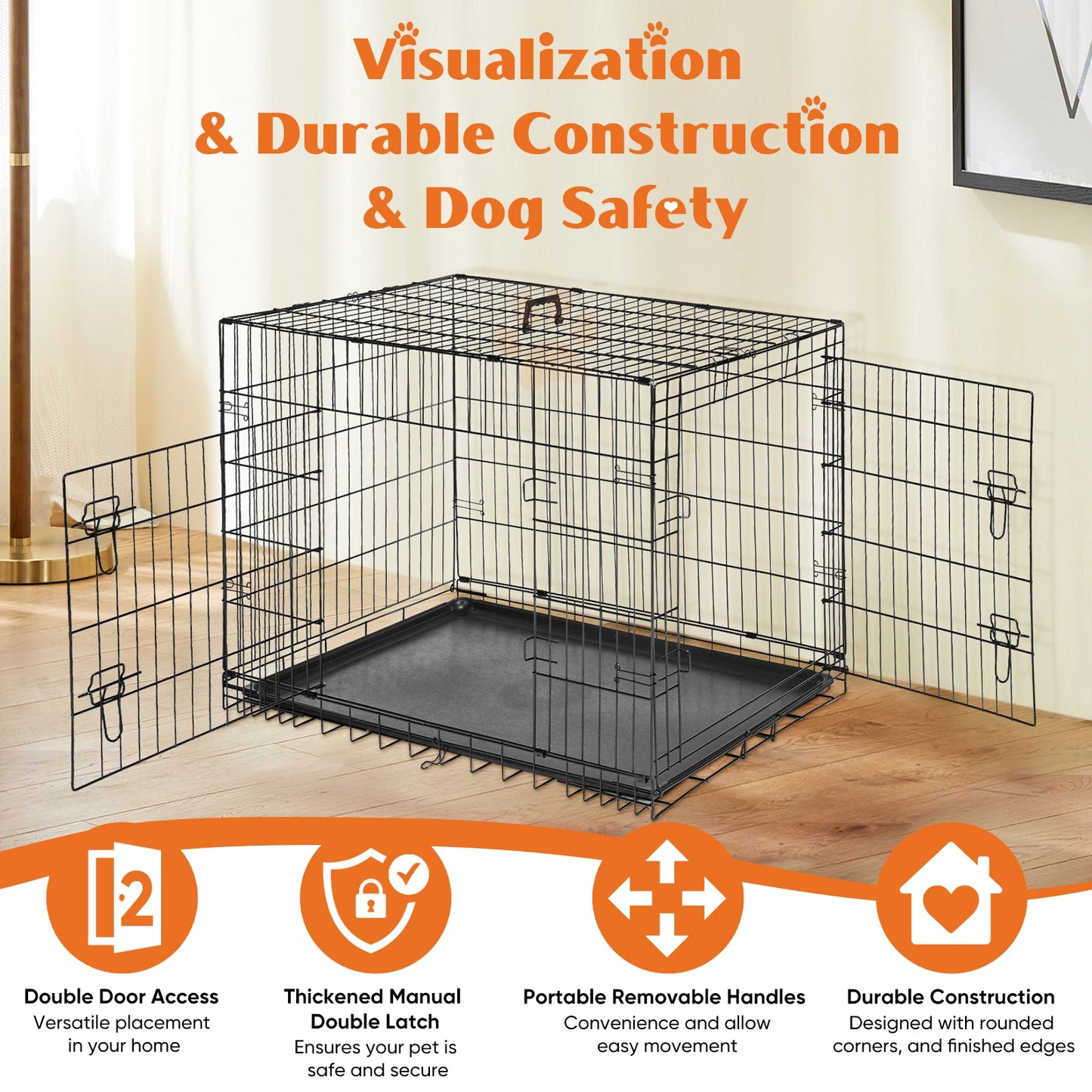 JHK Folding Metal Dog Cage With LeakProof Pan For Travel
