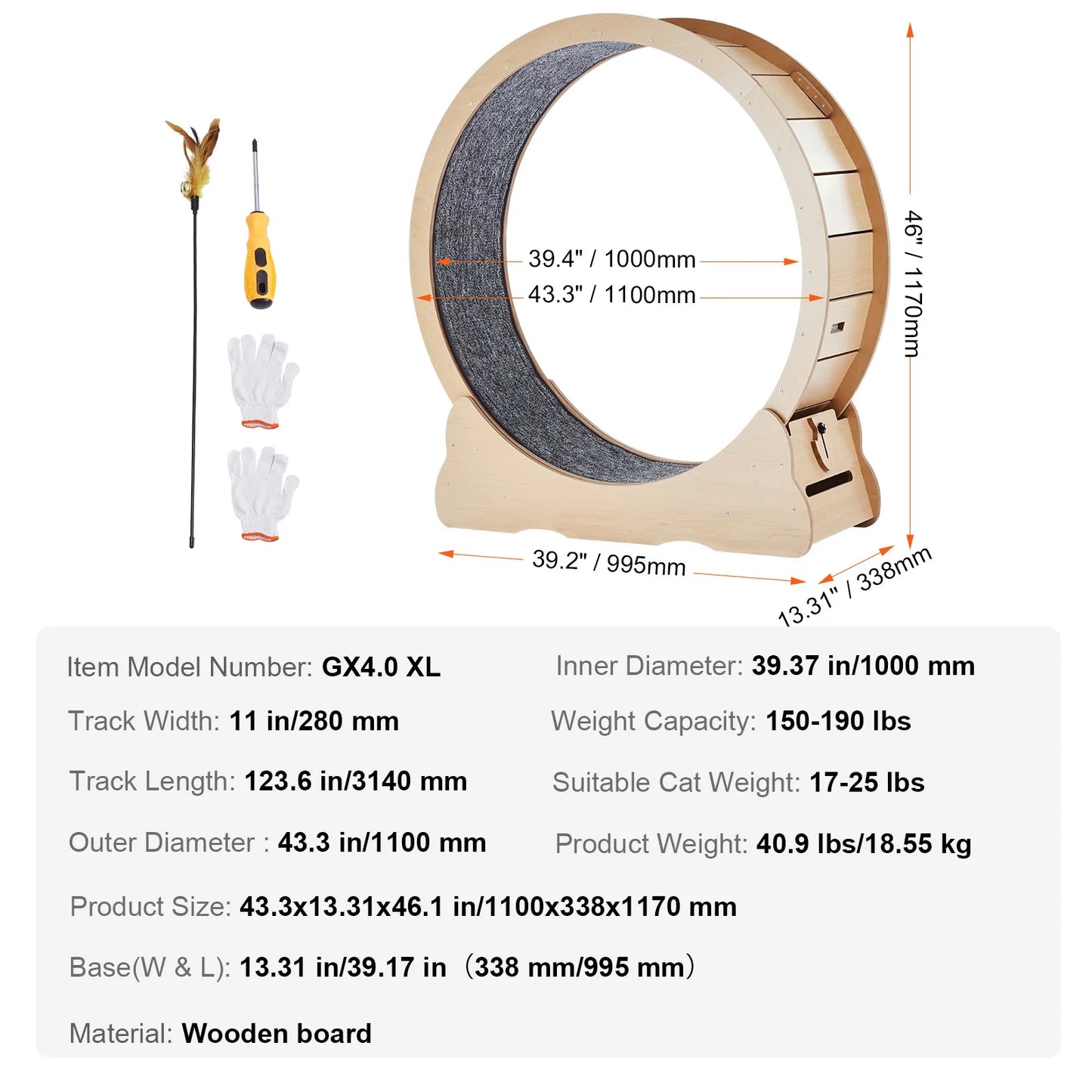 Wooden Cat Exercise Wheel For Indoor Cats Detachable Carpet