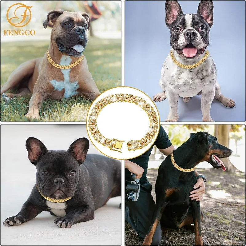Stainless Steel Jeweled Dog Chain Collar Pet Jewelry Accessory