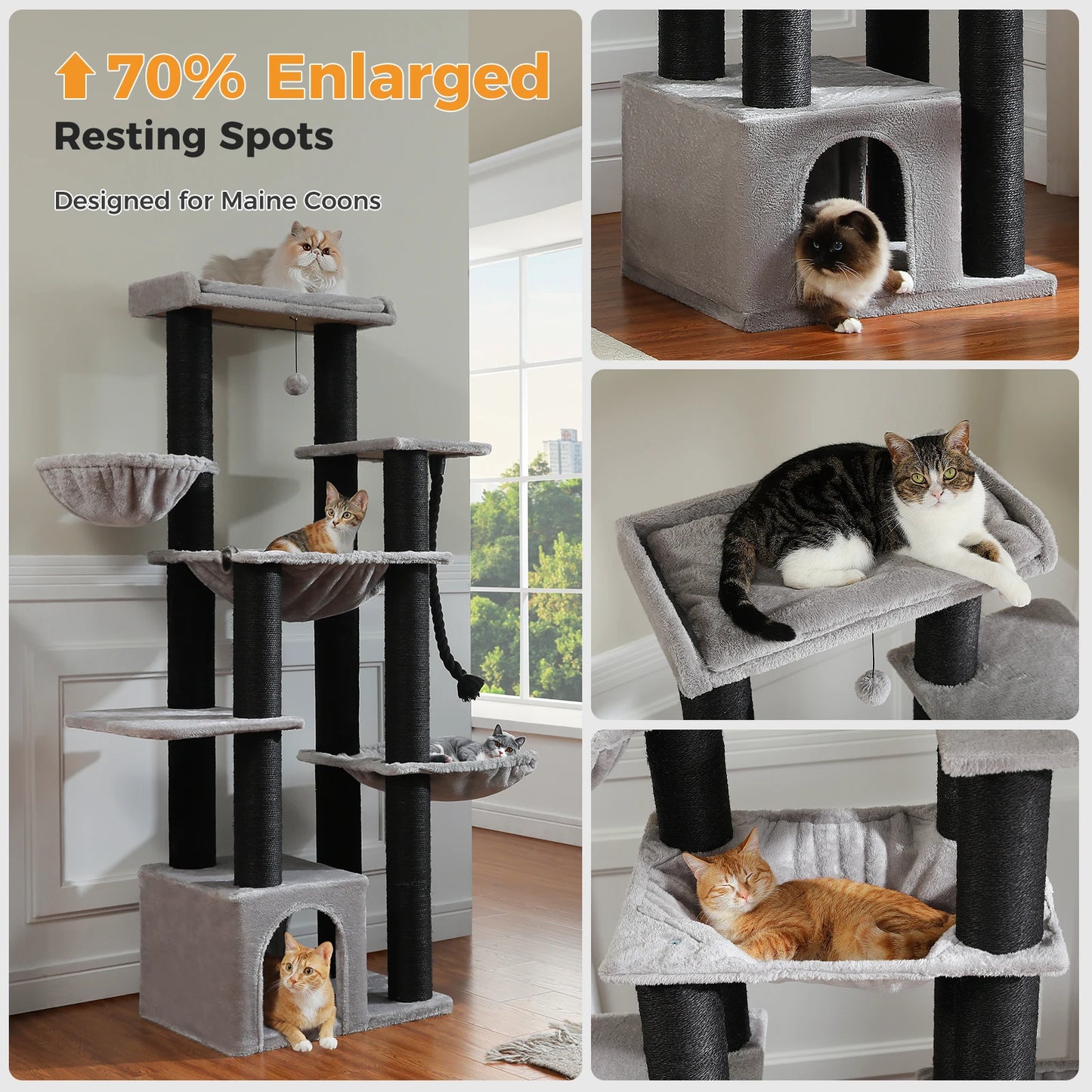 PAWZ Road Cat Tree Tower With 7 Thick Sisal Posts And Hammocks For Indoor Cats