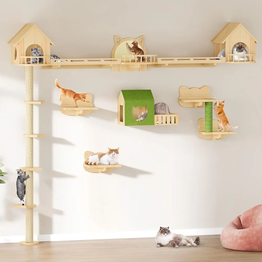 Solid Wood Cat Wall Shelves and Climbing Tower With Posts