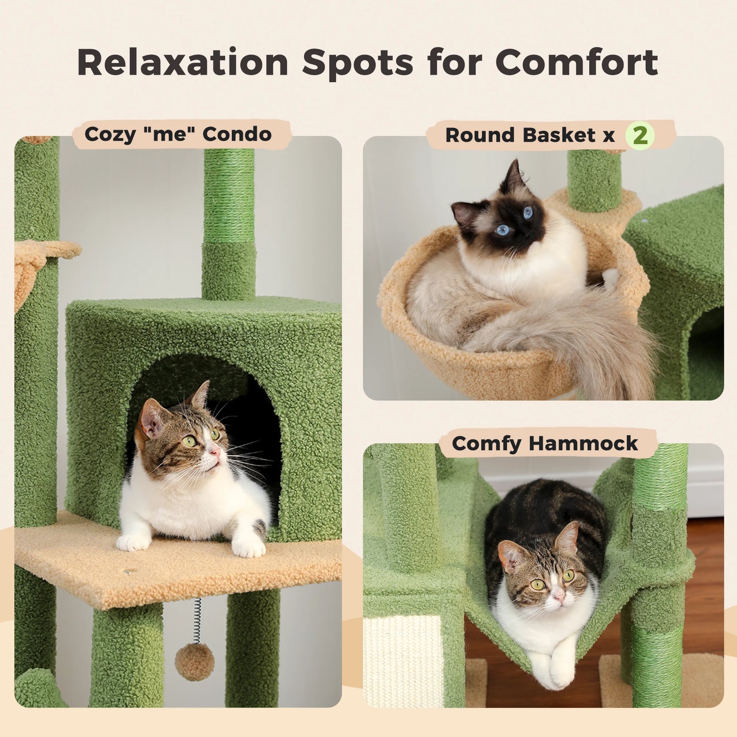PAWZ Road Cactus Floor To Ceiling Cat Tree With Cozy Hammocks Condos
