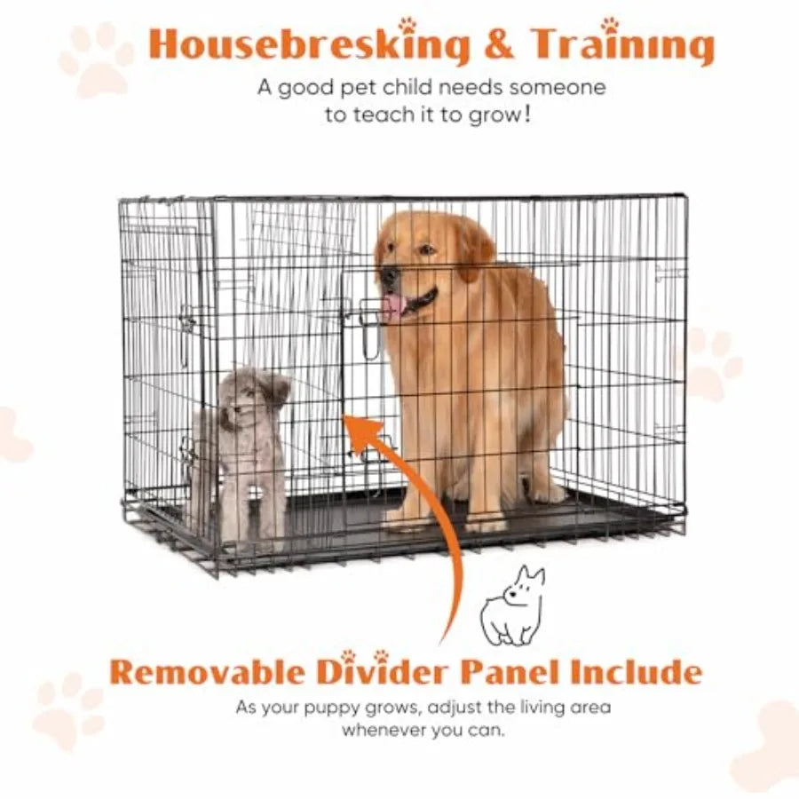 Double Door Folding Metal Dog Crate With Leak-Proof Pan