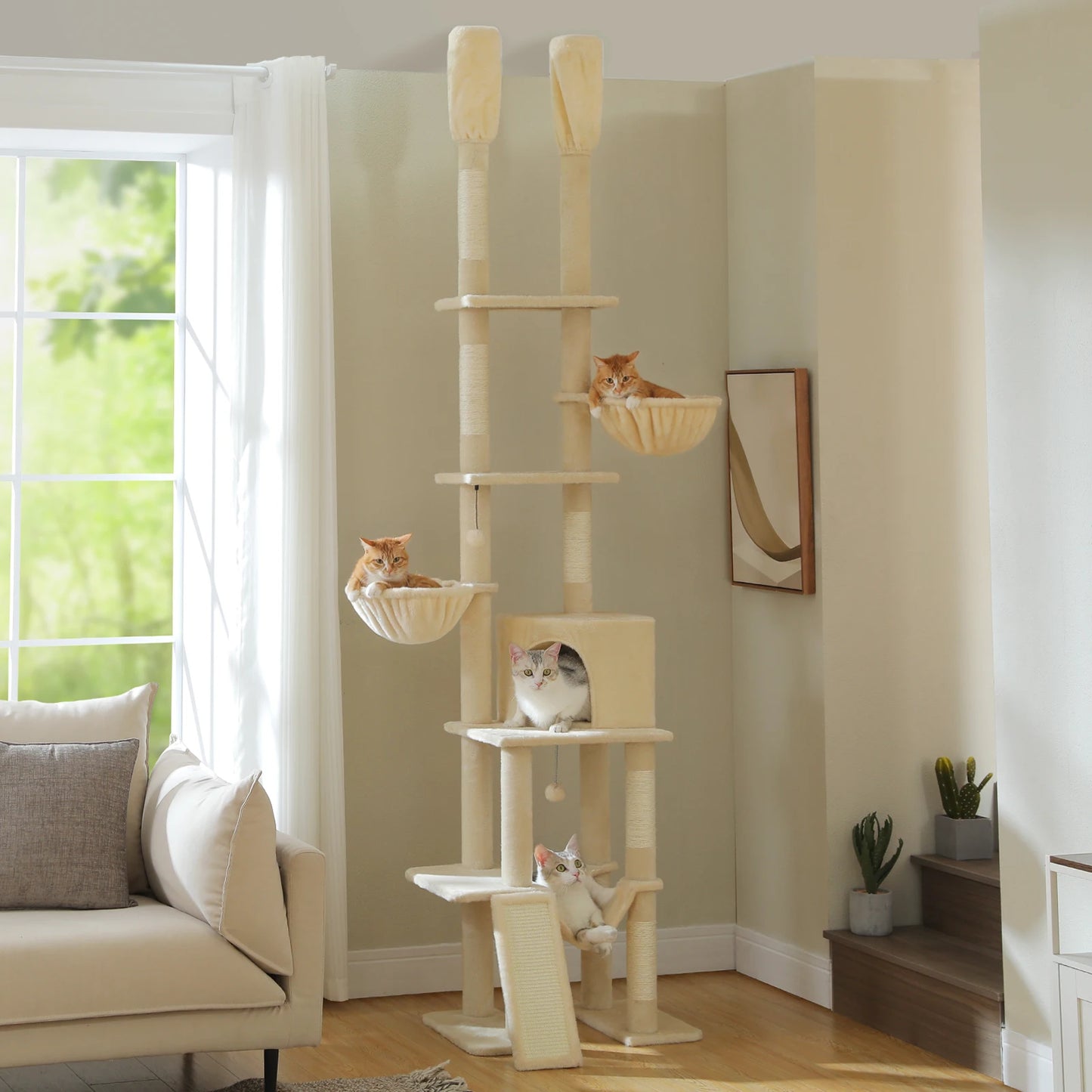 PAWZ Road Cactus Floor To Ceiling Cat Tree With Cozy Hammocks Condos