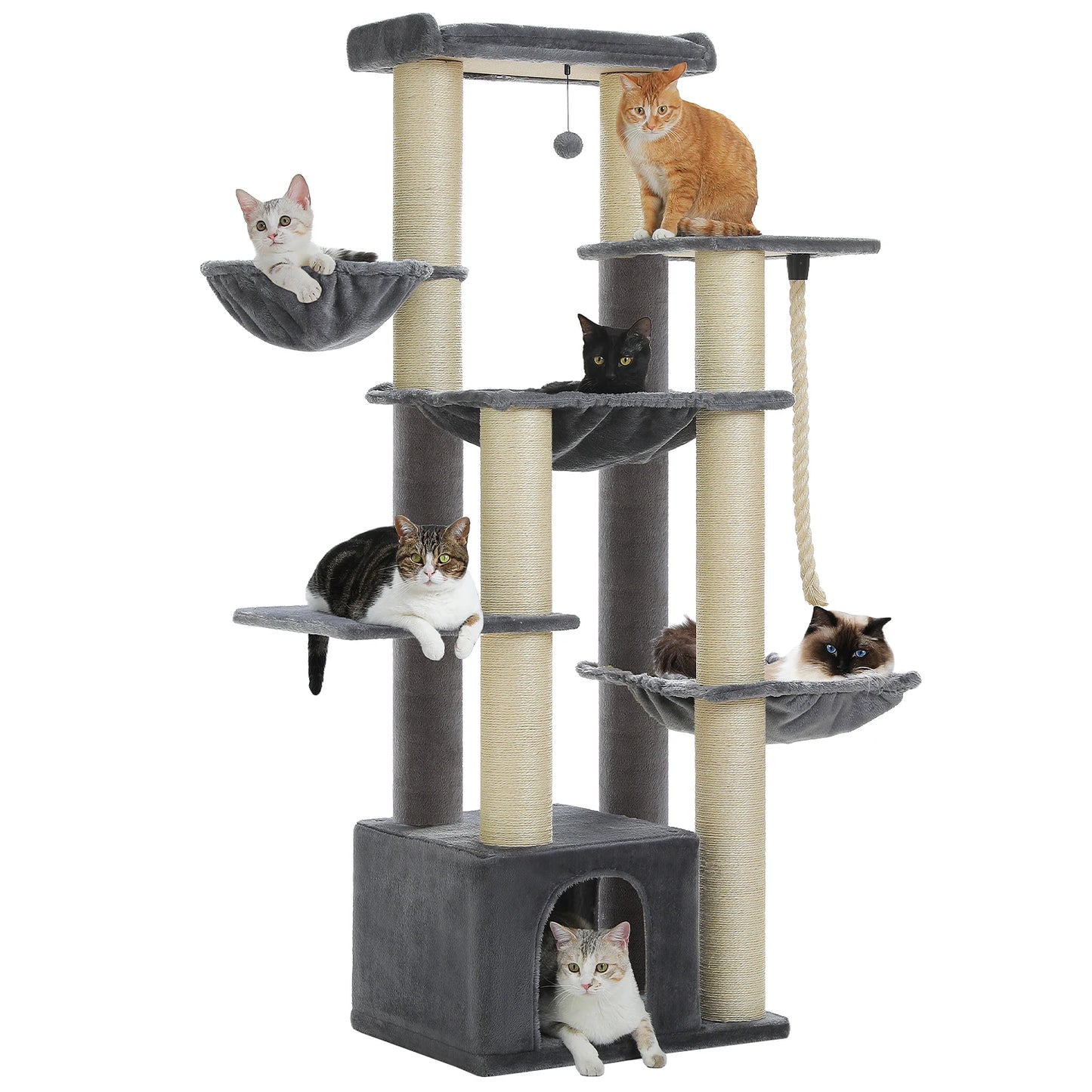 PAWZ Road Cat Tree Tower With 7 Thick Sisal Posts And Hammocks For Indoor Cats