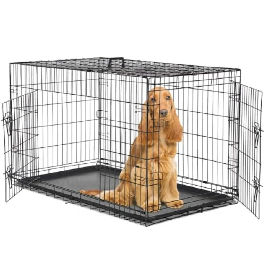 Double Door Folding Metal Dog Crate With Leak-Proof Pan