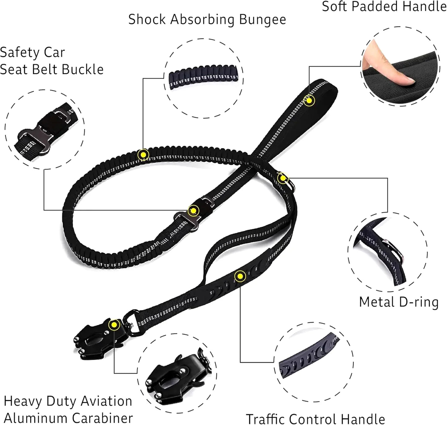 Reflective Shock Absorbing Tactical Dog Leash With Car Seatbelt
