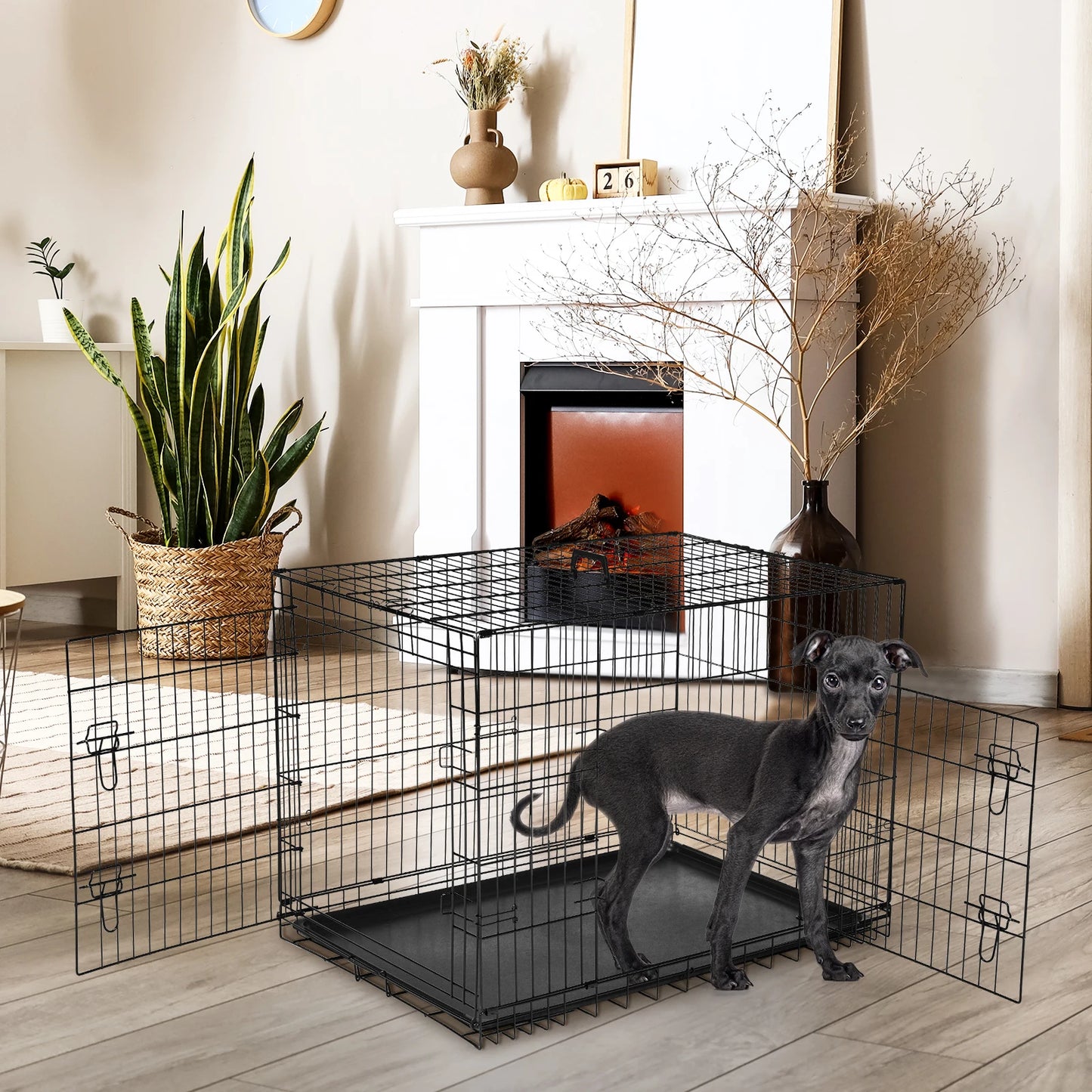 JHK Folding Metal Dog Cage With LeakProof Pan For Travel