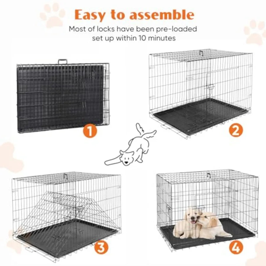 Double Door Folding Metal Dog Crate With Leak-Proof Pan